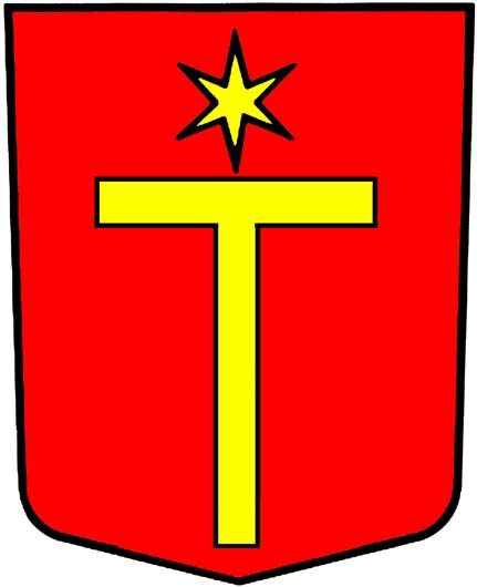 In Rot ein goldenes Antoniuskreuz, überhöht von einem sechsstrahligen goldenen Stern